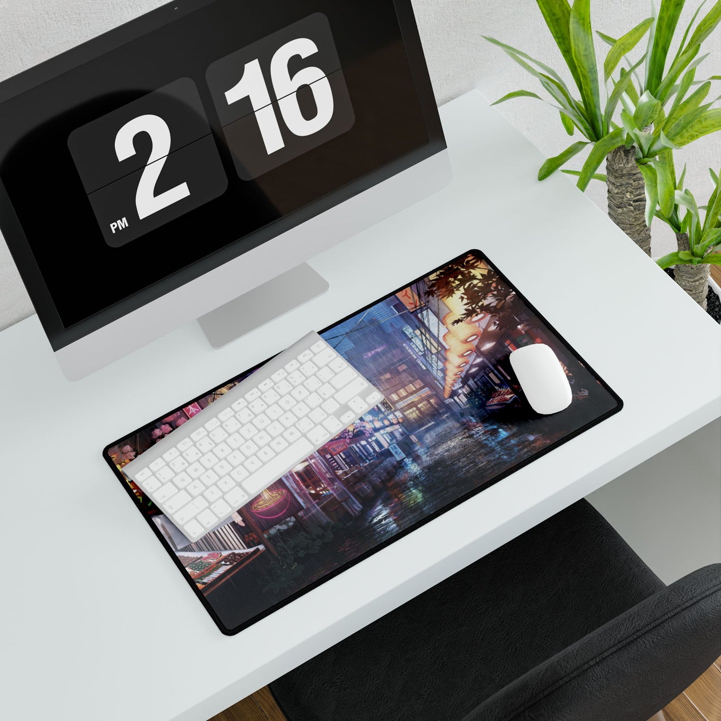 Neon Night Market Desk Mat — Cyberpunk Rainy Street Gaming Mouse Pad