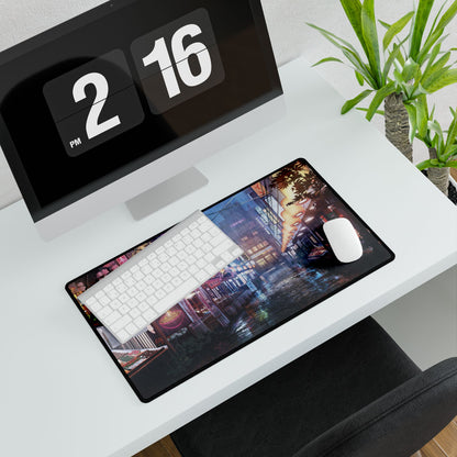 Neon Night Market Desk Mat — Cyberpunk Rainy Street Gaming Mouse Pad