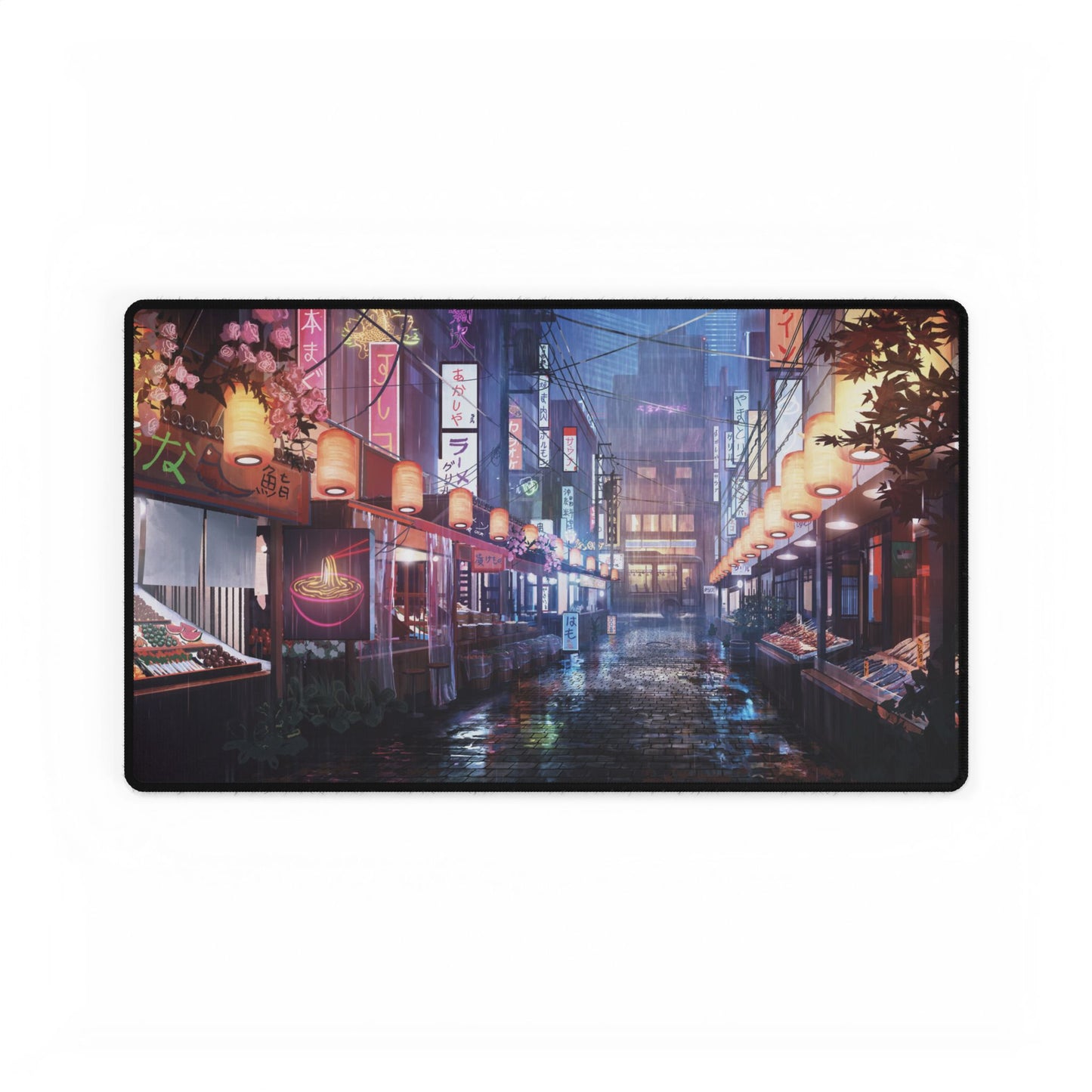 Neon Night Market Desk Mat — Cyberpunk Rainy Street Gaming Mouse Pad