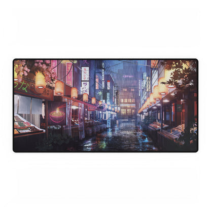 Neon Night Market Desk Mat — Cyberpunk Rainy Street Gaming Mouse Pad