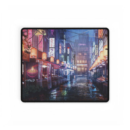 Neon Night Market Desk Mat — Cyberpunk Rainy Street Gaming Mouse Pad