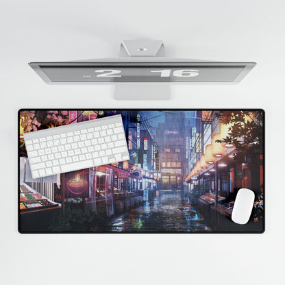 Neon Night Market Desk Mat — Cyberpunk Rainy Street Gaming Mouse Pad