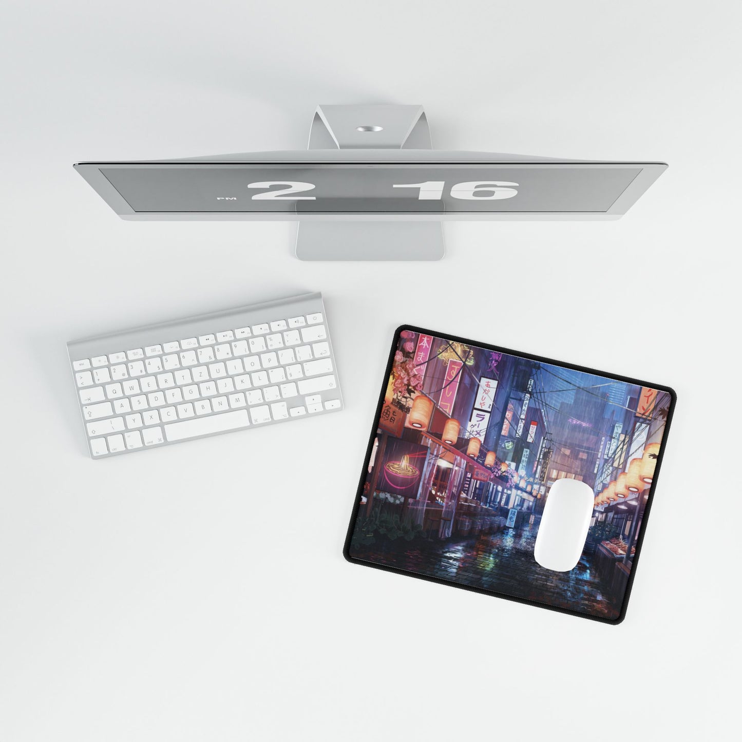 Neon Night Market Desk Mat — Cyberpunk Rainy Street Gaming Mouse Pad