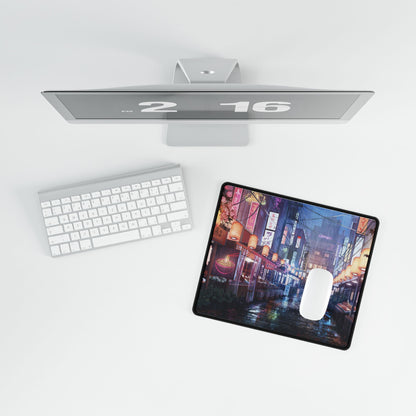 Neon Night Market Desk Mat — Cyberpunk Rainy Street Gaming Mouse Pad