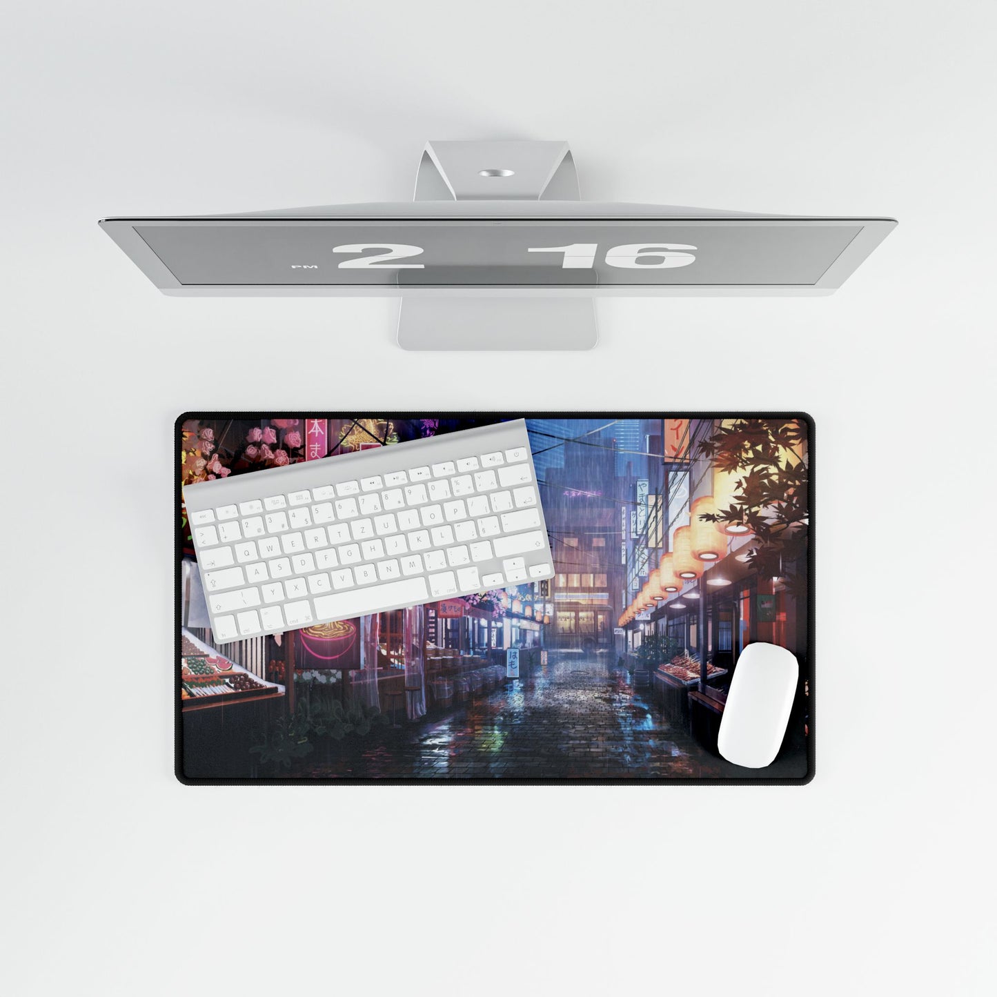 Neon Night Market Desk Mat — Cyberpunk Rainy Street Gaming Mouse Pad