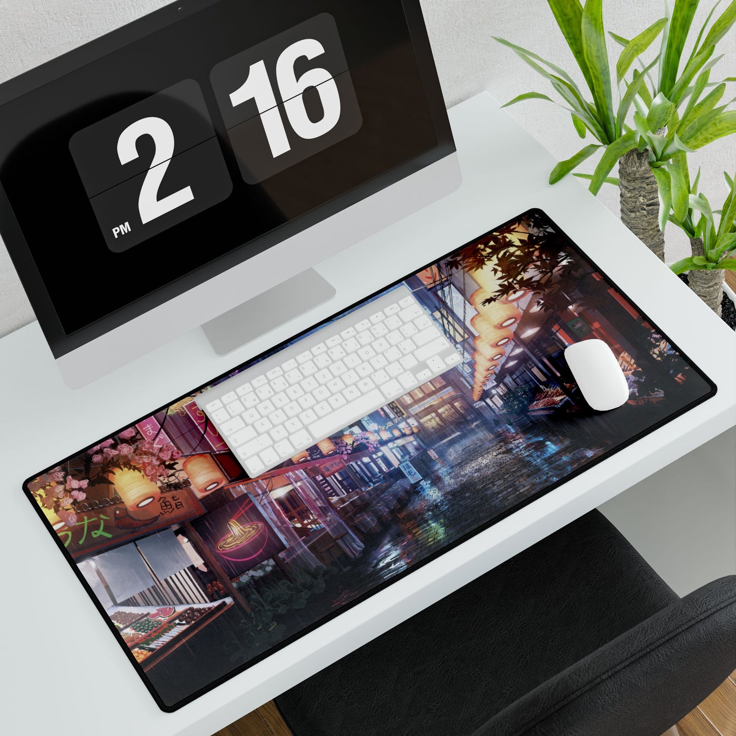 Neon Night Market Desk Mat — Cyberpunk Rainy Street Gaming Mouse Pad