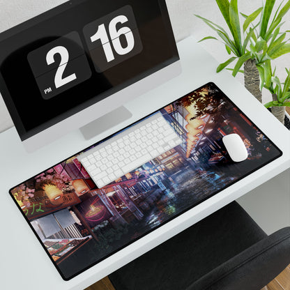 Neon Night Market Desk Mat — Cyberpunk Rainy Street Gaming Mouse Pad